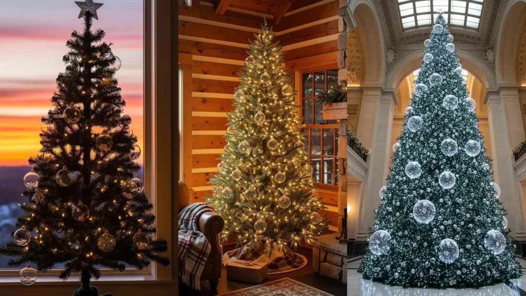 Tre alberi di Natale minimalisti decorati con luci bianche e ornamenti in vetro trasparente in diverse ambientazioni.