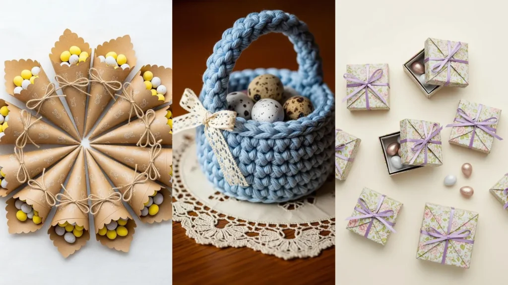 Composizione di bomboniere pasquali con coni pieni di ovetti colorati, cestino in vimini e scatoline con fiocchi pastello.