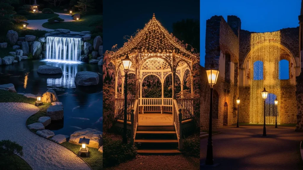 Giardini notturni da favola con catene di luci a cascata su un gazebo e lampioni d'epoca.
