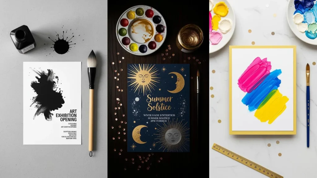 Inviti digitali fai da te stampabili con illustrazioni fatte a mano, mostrati con inchiostri, acquerelli e pennelli per arte.