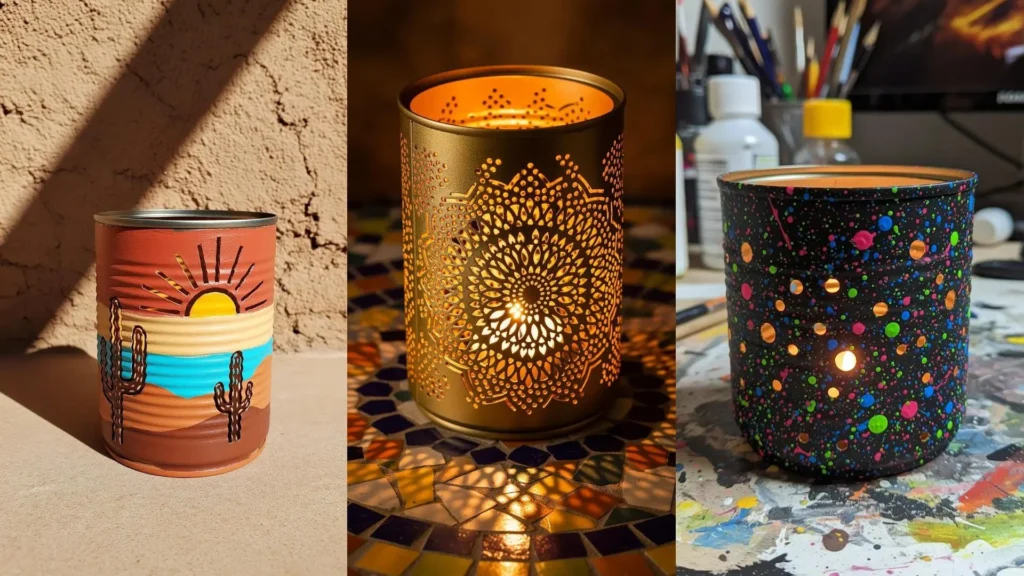 Tre portacandele fai da te realizzati con barattoli di latta traforati e decorati con vari disegni e colori, illuminati.