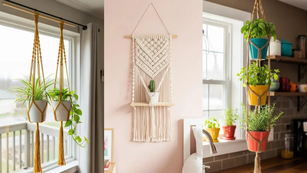 Una varietà di portavasi sospesi in macrame fai da te con piante da interno verdi, appesi vicino a finestre e su una parete.