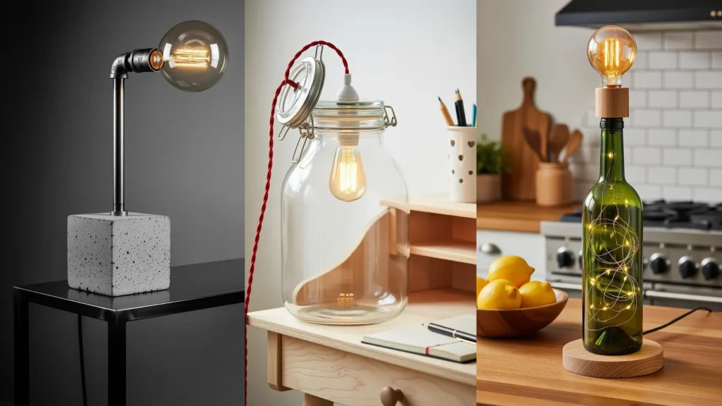 Diverse lampade da tavolo originali fai da te con materiali riciclati, come tubi, vasi e bottiglie, in stile industrial chic.