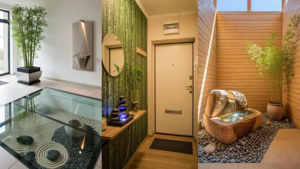 Tre ingressi zen con piante di bambù rigogliose, fontane rilassanti e pietre levigate, creando un'atmosfera serena e accogliente.