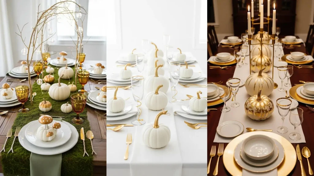 Eleganti tavole di Halloween in bianco e oro, con zucche dipinte e bicchieri decorati per una celebrazione chic.