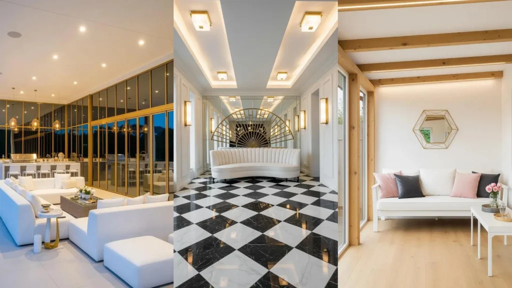 Veranda glamour con divani bianchi, specchi dorati e illuminazione integrata per un effetto luxury.