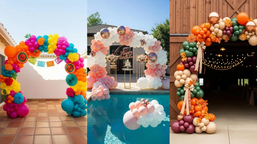 Diversi archi di palloncini multicolore e decorazioni festive perfetti per celebrare compleanni gioiosi.