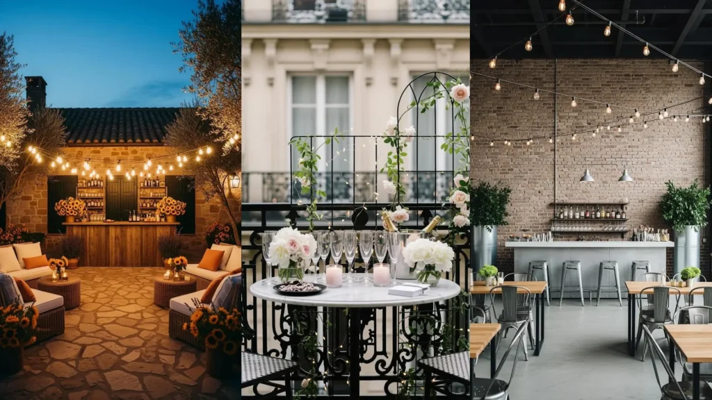 Tre terrazze estive con cocktail bar, lucine e fiori freschi, perfette per serate eleganti e rilassanti.