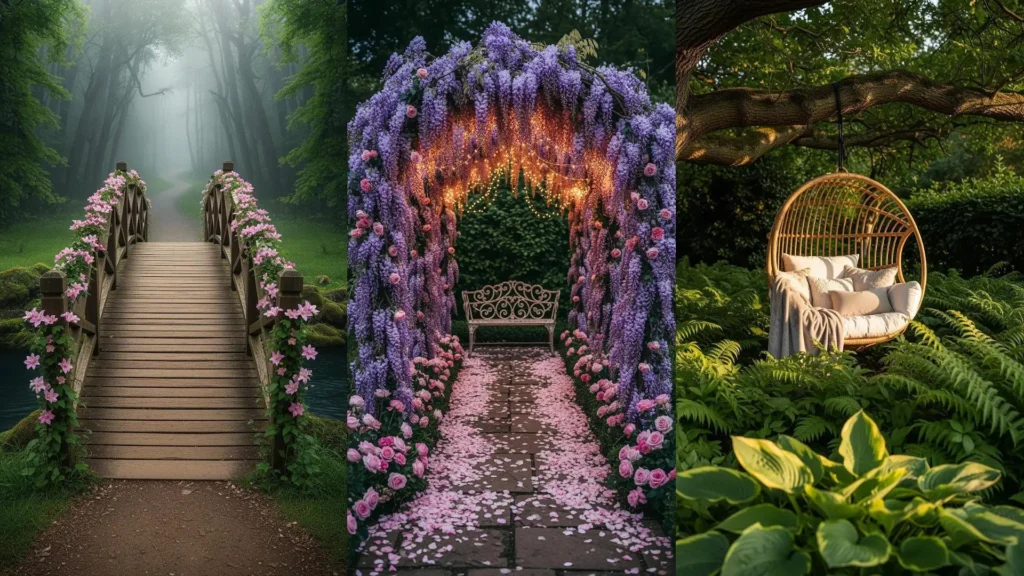 Giardini incantevoli: un ponte fiorito, un vialetto di petali sotto un arco di glicine e un angolo sospeso nel verde.