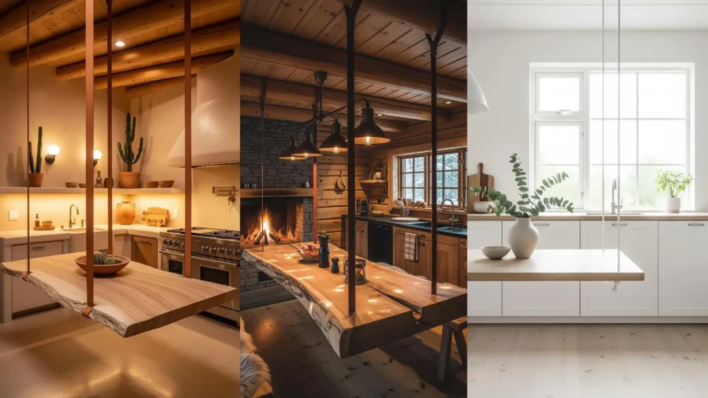 Eleganti cucine con tavoli appesi in legno, sostenuti da corde decorative e illuminati da luce soffusa, per ispirazioni uniche.