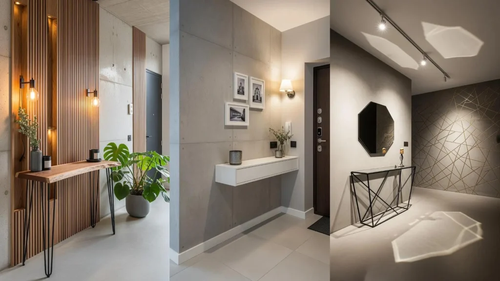 Tre moderni ingressi urbani con pareti effetto cemento e consolle minimal. Design contemporaneo ed elegante.
