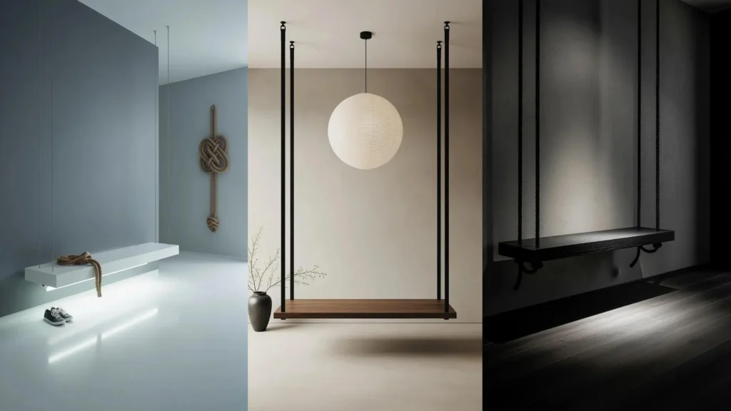 Ingressi moderni con panche sospese, corde decorative e luci soffuse per un design originale e accogliente.