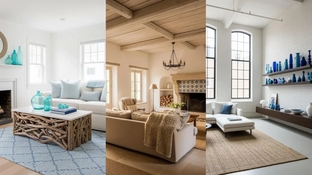 Tre splendidi soggiorni mediterranei con pareti bianche, vivaci ceramiche blu e tessuti leggeri che creano armonia.