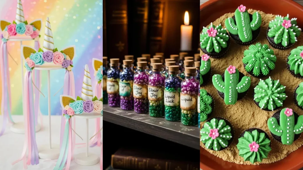 Fasce unicorno, elisir magici e cupcake cactus, idee per feste a tema con gadget, decorazioni e dolci creativi fai da te.