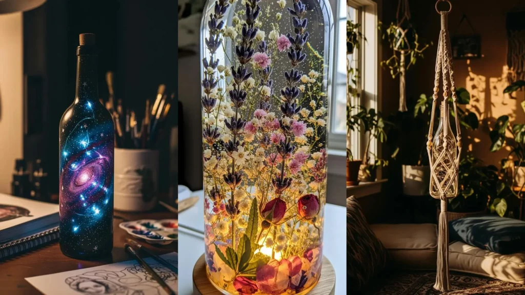 Bottiglie di vino vuote trasformate in lampade decorative fai da te: galassia luminosa, fiori delicati e design in macramè.