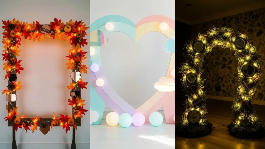 Cornici DIY luminose per photobooth, con lucine LED brillanti e specchi, tra cui design a cuore e foliage autunnale.