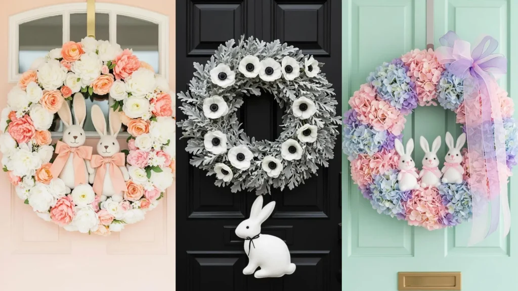 Tre ghirlande pasquali colorate con fiori e conigli in feltro che decorano porte.