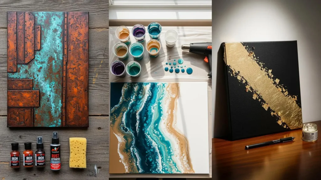 Una galleria di quadri astratti fai da te, con esempi di pittura fluida, texture effetto ruggine e foglia d'oro.