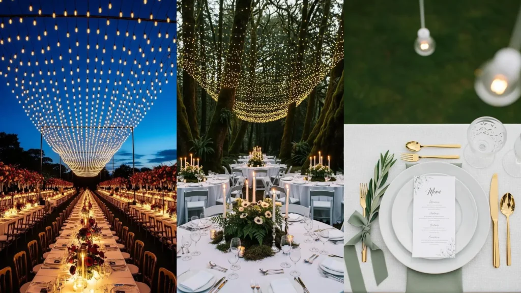 Scena di un elegante matrimonio in giardino: luci sospese, tovaglie bianche e centrotavola fioriti creano un'atmosfera magica.