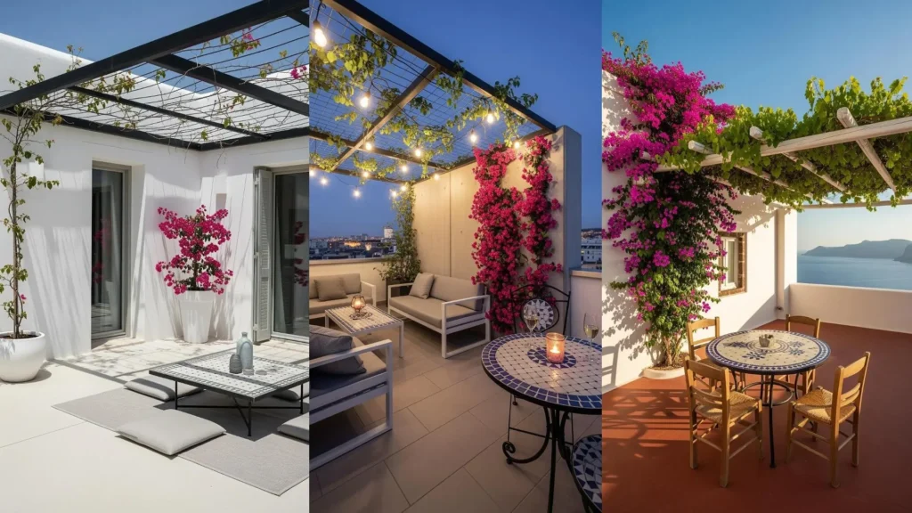 Terrazza mediterranea con pergolato coperto di vite, bouganville in fiore e tavoli in mosaico per un design da sogno.