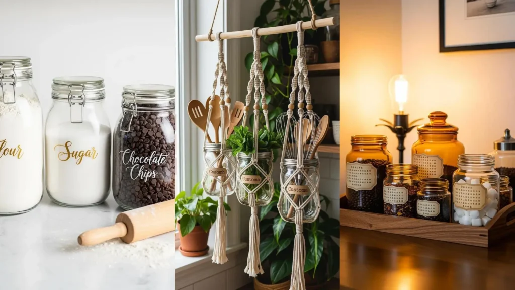 Organizer da cucina fai da te con barattoli di vetro ed etichette personalizzate per ingredienti come farina, zucchero e spezie.
