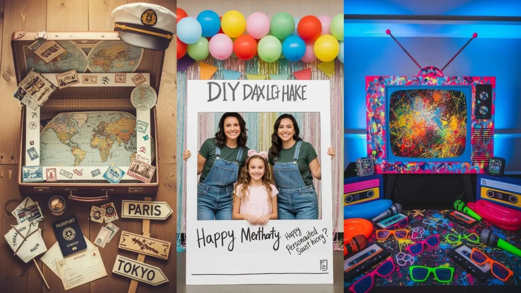 Variopinte cornici grandi e accessori divertenti per photobooth casalinghi fai da te, inclusi temi viaggio e retrò TV.