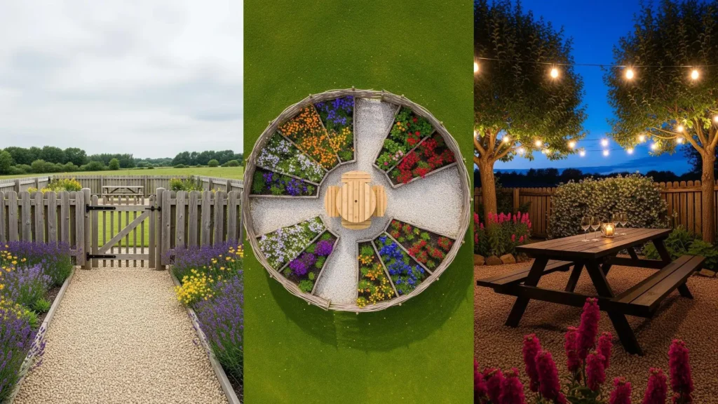 Tre scene di giardino rustico con recinzioni in legno, fiori di campo e tavoli da picnic, una al crepuscolo con luci.