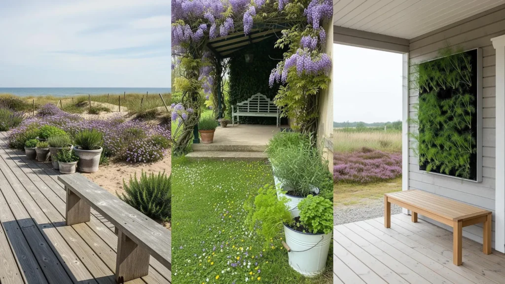Verande rustiche con panche in legno, orti aromatici in vaso e macchie di fiori di campo che circondano le aree relax.