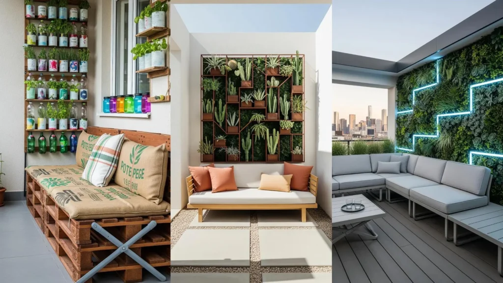 Verande urbane, mini lounge con divanetti. Pareti verdi verticali, alcune illuminate, trasformano gli spazi in oasi accoglienti.