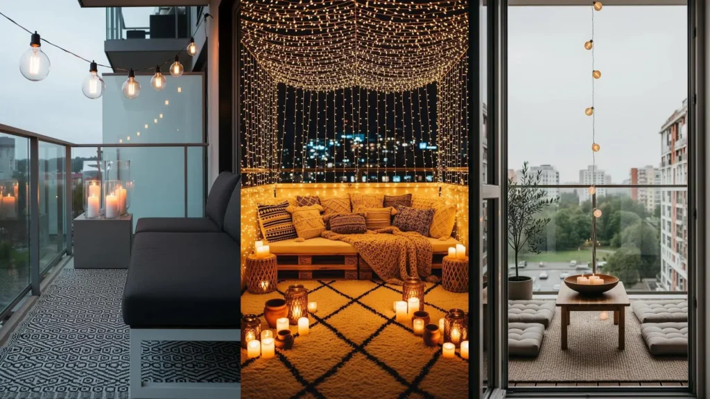 Tre balconi lounge by night con fili di luci scintillanti, candele calde e tappeti soffici. Perfetti per le serate all'aperto.