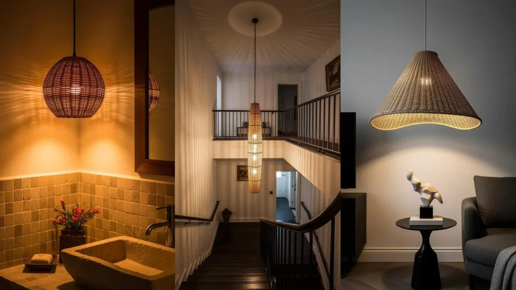 Tre lampadari sospesi fai da te con cestini di vimini e luci calde in bagno, scala e soggiorno.