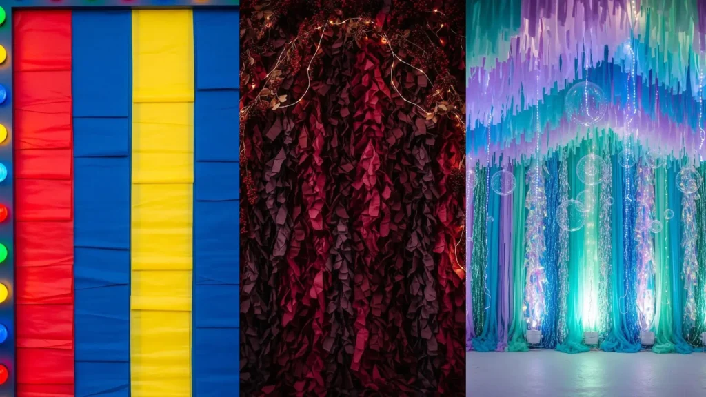 Backdrop fotografici: collage di tre fondali creativi con lucine LED, tende di carta crespa e dettagli unici.