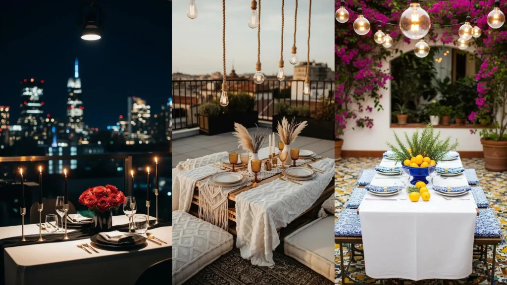 Tre idee per una cena romantica in terrazza con luci sospese, tovaglie bianche e fiori freschi, perfetta per un appuntamento.