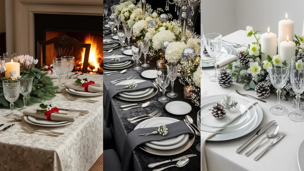 Tavola natalizia elegante con bicchieri in cristallo, posate argentate, fiori bianchi e decorazioni festive.