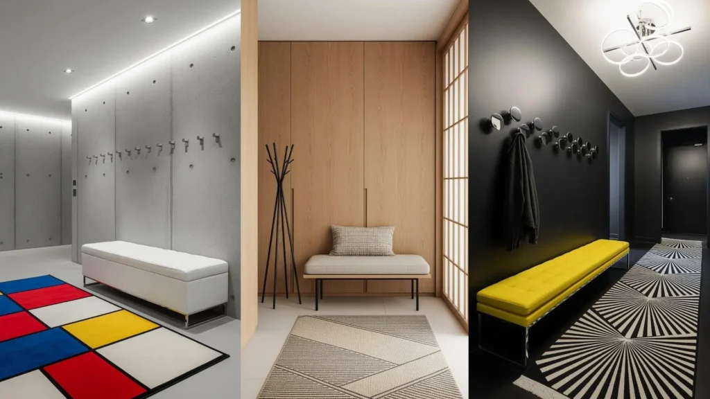 Tre ingressi moderni con panche imbottite, appendiabiti di design e tappeti geometrici colorati.