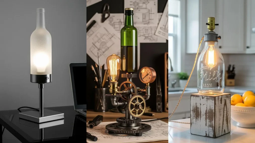 Lampade da tavolo creative industrial-chic: un collage di bottiglie di vetro riciclate trasformate in eleganti punti luce.