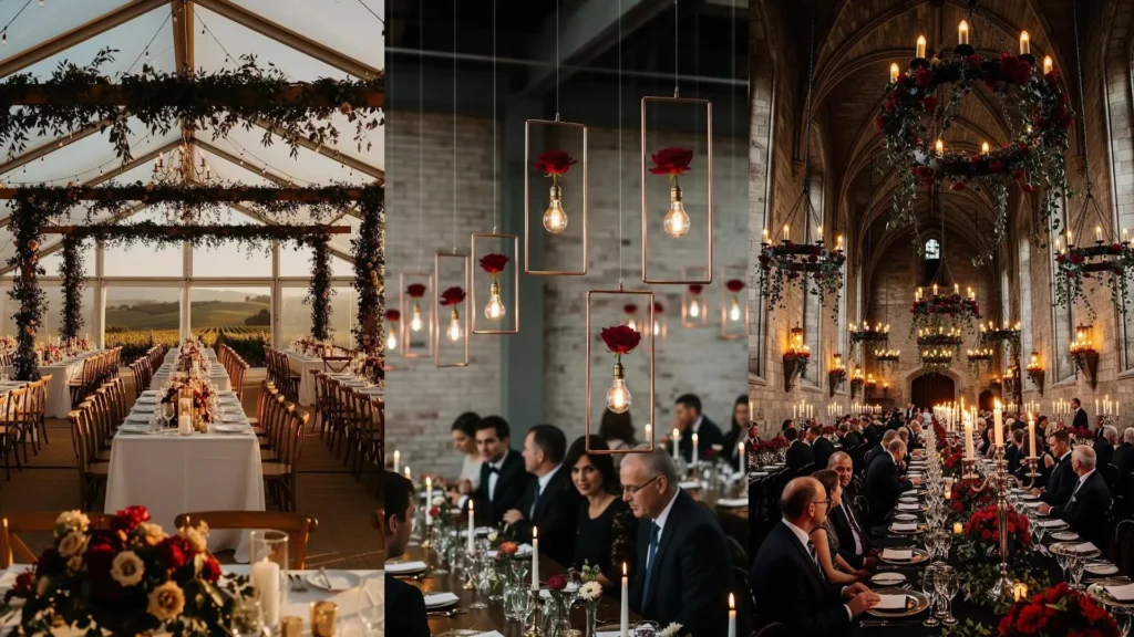Ricevimento di nozze da sogno con rose rosse e fiori sospesi, illuminato da luci soffuse per un'atmosfera magica al tramonto.