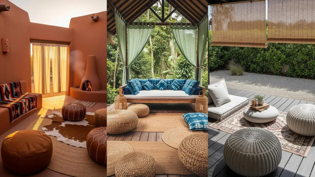 Patii in stile bohemien con tappeti etnici, pouf oversized e tende leggere, creando un'atmosfera da festival rilassante.