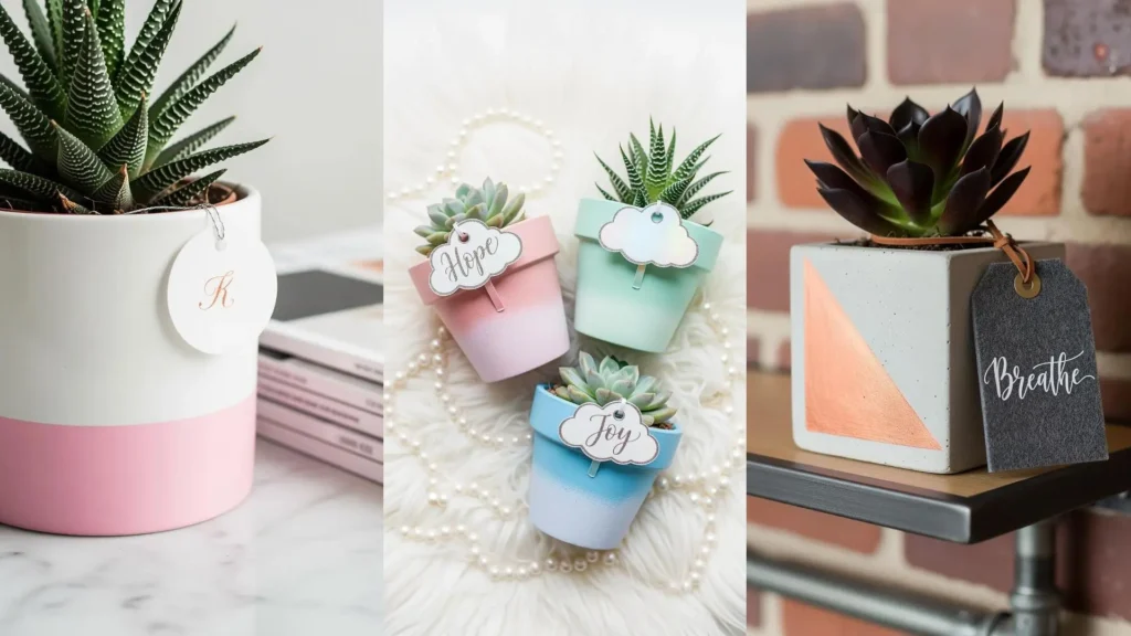 Mini piante grasse in vasetti dipinti e decorati, con etichette calligrafate, ideali come piccoli regali fai da te.