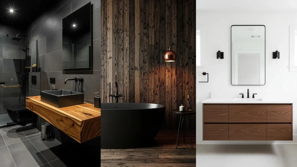 Diverse proposte di arredamento che mixano metallo nero e legno grezzo, creando un look moderno e deciso.