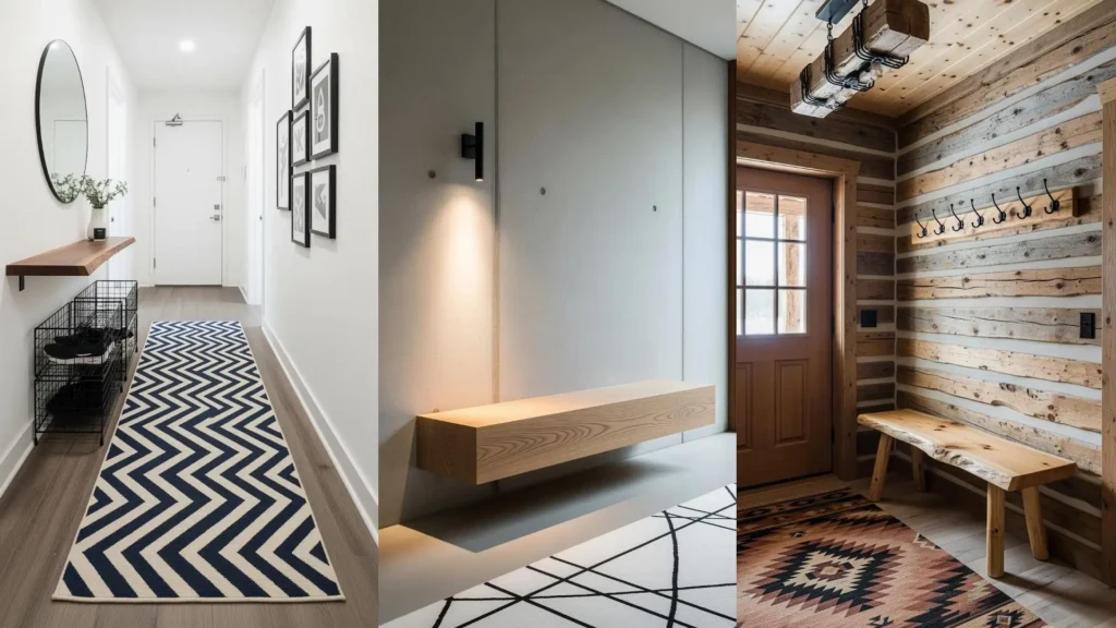 Vari ingressi con contrasti materici: mobili in metallo nero, dettagli in legno grezzo e vivaci tappeti geometrici.