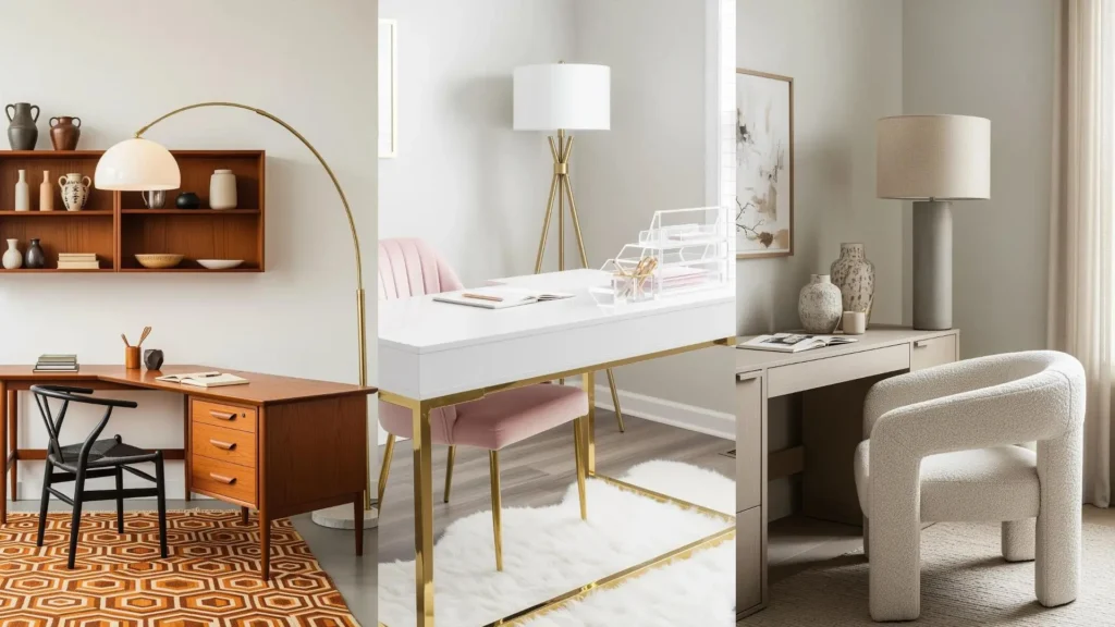 Tre studi moderni con scrivanie a L, sedie di design e lampade da terra pratiche. Soluzioni funzionali per l'ufficio in casa.