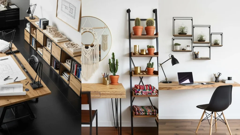 Studi moderni con scrivanie in legno grezzo, scaffali geometrici e dettagli in metallo nero per un design materico.