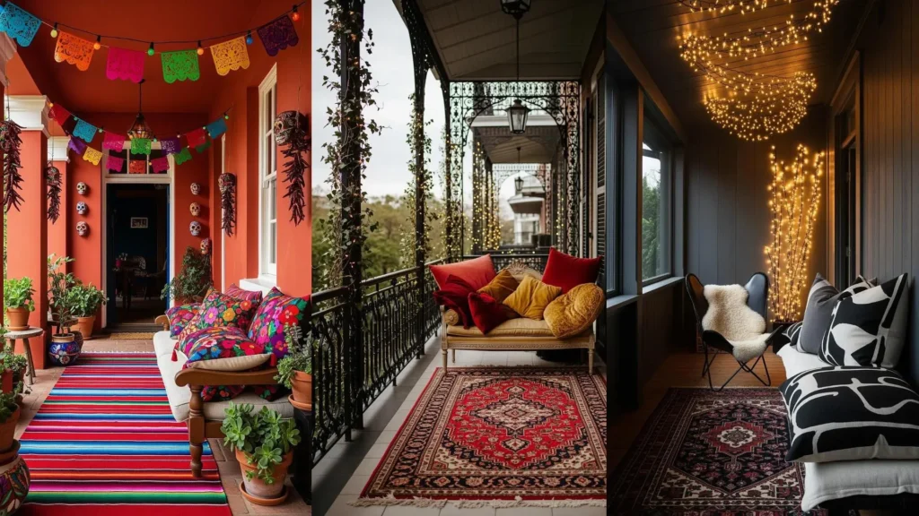 Tre verande bohemien con tappeti etnici, cuscini oversize colorati e lucine, creano un'atmosfera accogliente.