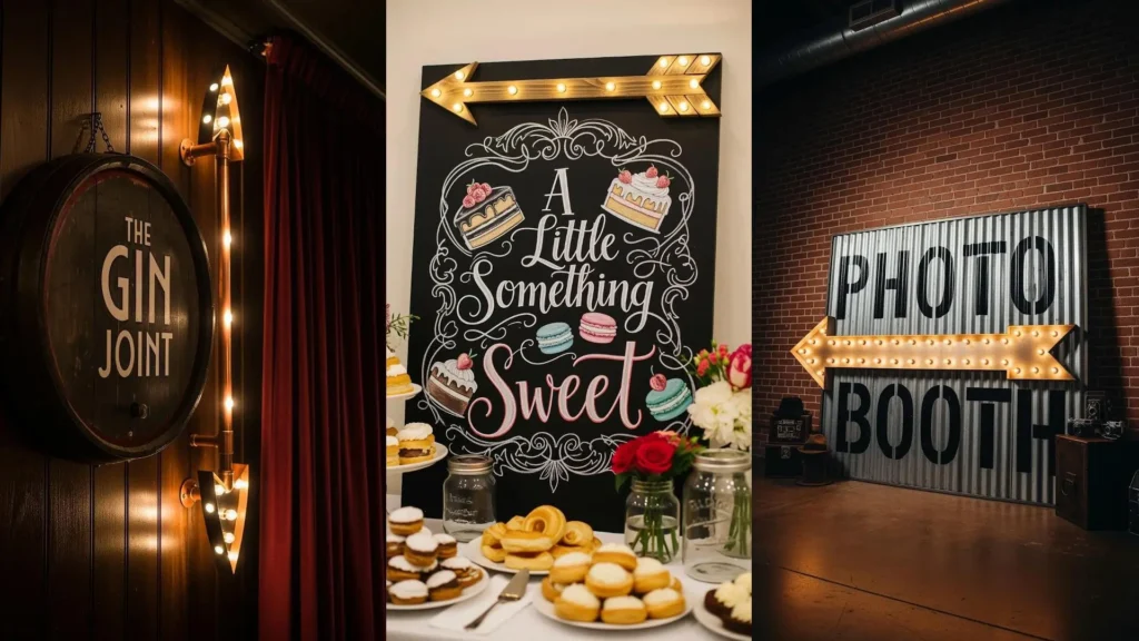 Una scena di festa con cartelli dipinti a mano e frecce luminose, inclusi un bancone dolci e un photo booth.