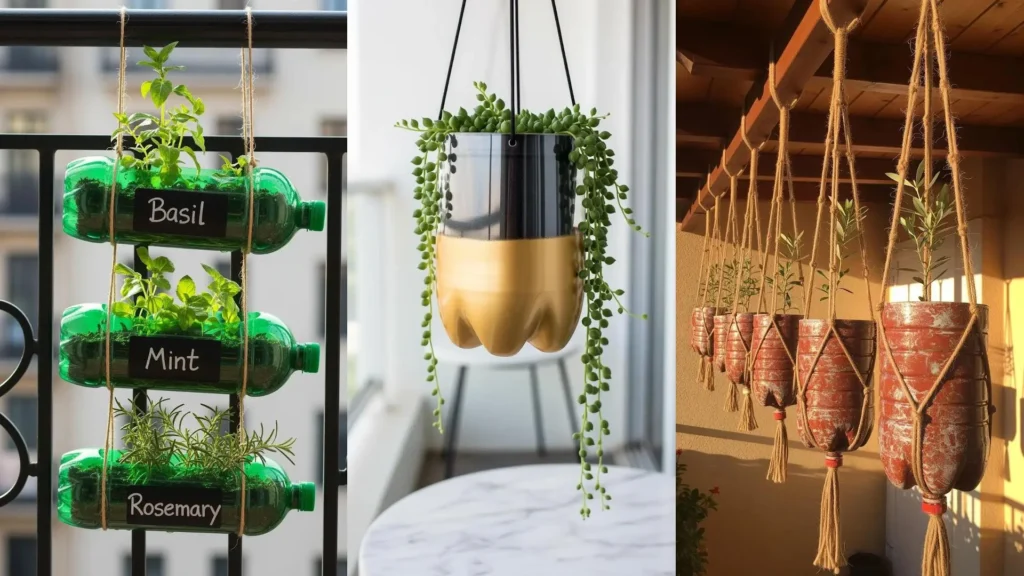 Fioriere sospese DIY da bottiglie di plastica su balconi urbani: erbe aromatiche e piante grasse con un tocco creativo.