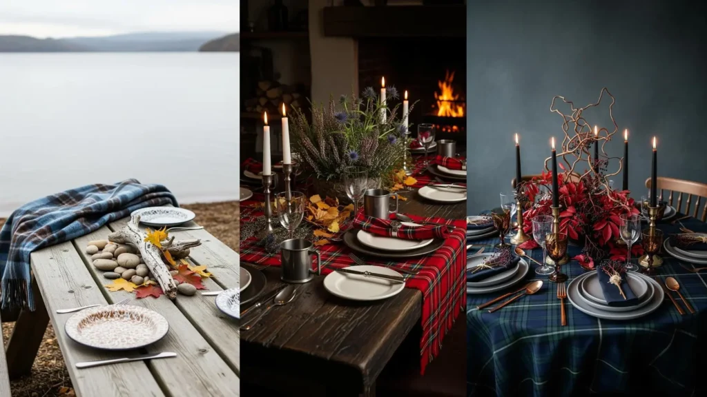 Tre tavole autunnali accoglienti con tovaglie tartan, piatti rustici e centrotavola di foglie e rami, illuminati da candele.
