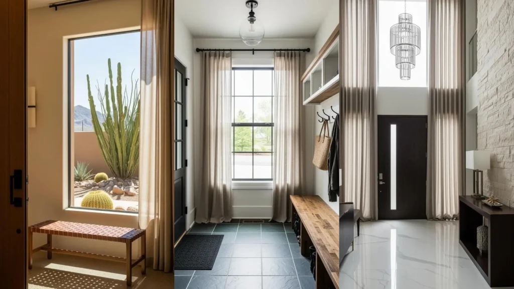 Tre ingressi moderni con grandi finestre che lasciano entrare luce naturale e tende leggere in lino beige.