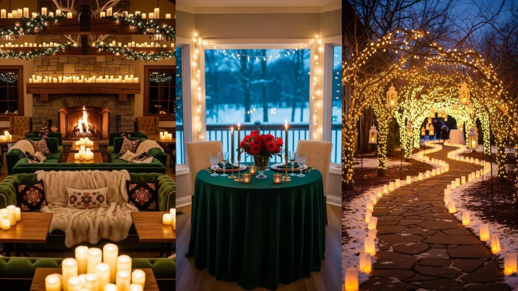 Matrimoni invernali con luci natalizie, candele e neve. Scene romantiche con decorazioni accoglienti e sentieri illuminati.