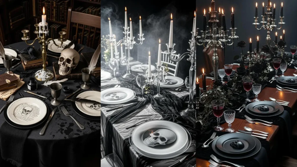 Allestimenti gotici di Halloween: tavoli con tovaglie nere, alti candelabri e piatti decorati con teschi.